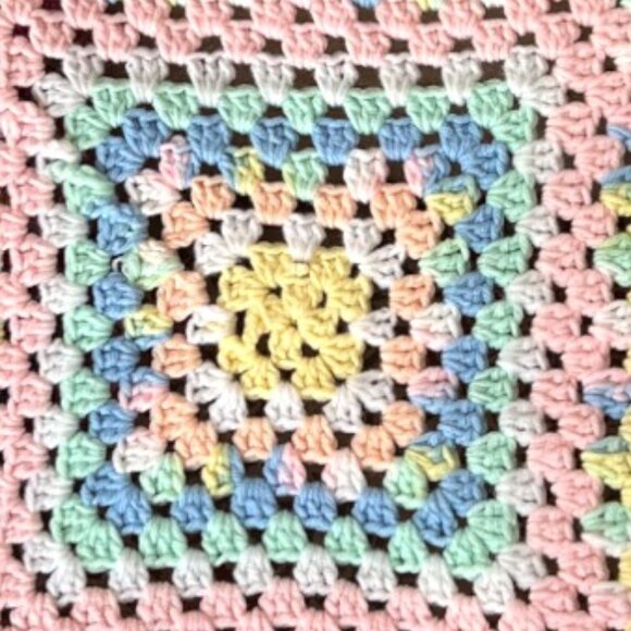 Handmade Pastel Rainbow Crocheted Baby Blanket / Lap Throw – 31"x33" - Picture 6 of 10